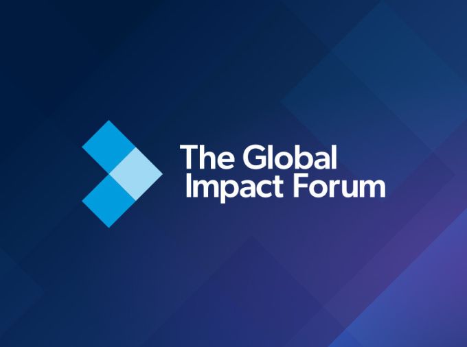 Blue and purple gradient background with three light blue squares rotated to form an arrow pointing at the text - The Global Impact Forum