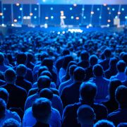 Highly stylized blue tint crowd facing away from the camera towards a presenter on stage